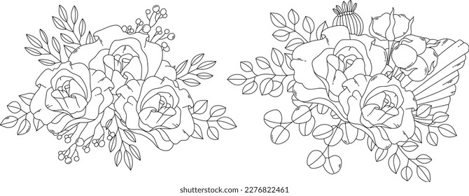 Black outline roses and cotton bouquets botanical composition for coloring page