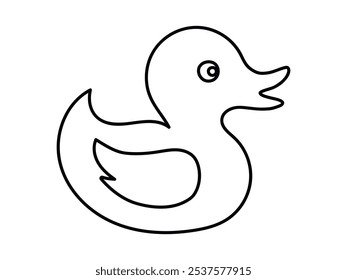 Contorno preto de um pato de borracha isolado sobre um fundo branco. Conceito de ícone infantil, brinquedo de banho, ilustração simples, design minimalista. Elemento de design imprimível para produtos para crianças e artigos de papelaria.