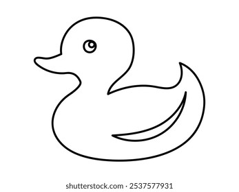 Contorno preto de um pato de borracha isolado sobre um fundo branco. Conceito de ícone infantil, brinquedo de banho, ilustração simples, design minimalista. Elemento de design imprimível para produtos para crianças e artigos de papelaria.