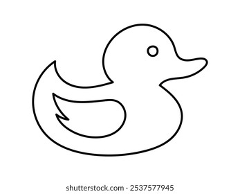 Contorno preto de um pato de borracha isolado sobre um fundo branco. Conceito de ícone infantil, brinquedo de banho, ilustração simples, design minimalista. Elemento de design imprimível para produtos para crianças e artigos de papelaria.