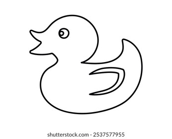 Contorno preto de um pato de borracha isolado sobre um fundo branco. Conceito de ícone infantil, brinquedo de banho, ilustração simples, design minimalista. Elemento de design imprimível para produtos para crianças e artigos de papelaria.