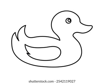 Contorno preto de um pato de borracha isolado sobre um fundo branco. Conceito de ícone infantil, brinquedo de banho, ilustração simples, design minimalista. Elemento de design para impressão para produtos para crianças e artigos de papelaria