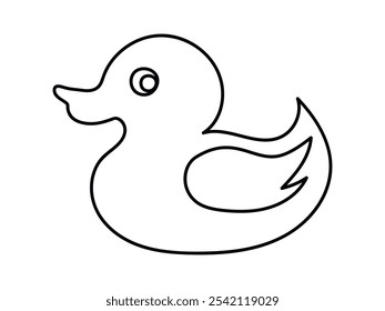 Contorno preto de um pato de borracha isolado sobre um fundo branco. Conceito de ícone infantil, brinquedo de banho, ilustração simples, design minimalista. Elemento de design para impressão para produtos para crianças e artigos de papelaria