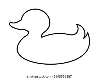 Black outline of rubber toy duck in side view isolated on white background, graphic illustration. concept of bird, waterfowl, animal outline, icon, logo, design element.