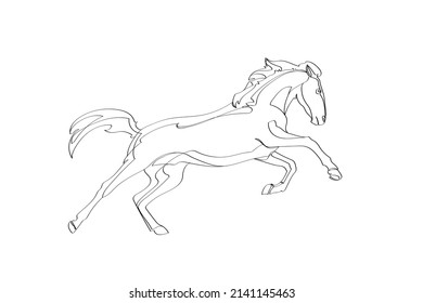 Black outline running horse on white background. Graphic drawing. Vector illustration.