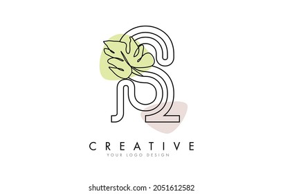 Black Outline S letter logo design with Monstera Leaf One Line Drawing Vector Illustration with minimalist design style hand drawn. Creative and elegant icon.