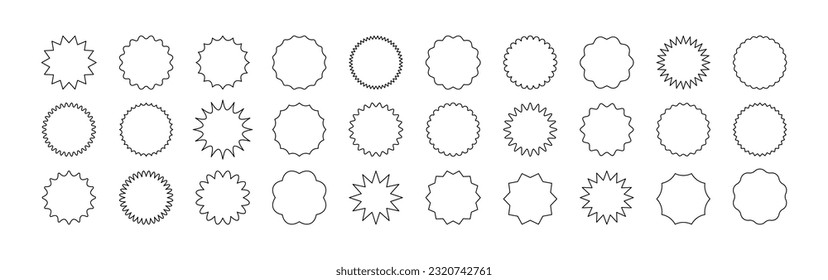 Black outline sale stickers shape mega set on white background. Promo product labels templates, starburst, sunburst badges. Vector design elements for price tag, quality mark, shop poster, web design.