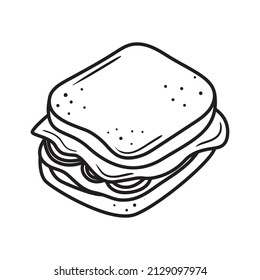 Black Outline Sandwich Icon. Doodle Snack Silhouette With Bread, Salad And Ham. Hand Drawn Fast Food Drawing. Vector Illustration