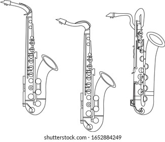 Black outline saxophone ensembles on white background. Musical instruments for template or art school dictionary illustration