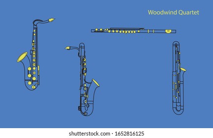 Black outline saxophone, sax, bassoon and flute on blue background. Musical instruments for template or art school dictionary illustration