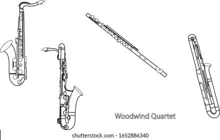 Black outline saxophones, sax, bassoon and flute woodwind quartet on white background. Musical instruments for template or art school dictionary illustration