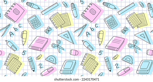 Black outline school supplies, office stationary and colored shadows on a notebook sheet in a cell. Back to school endless texture, business and education concept. Vector seamless pattern for print