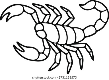 Esquema negro de un escorpión con cuerpo segmentado y cola curva sobre un insecto de fondo blanco