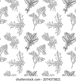 Black outline seamless pattern with christmas plants.