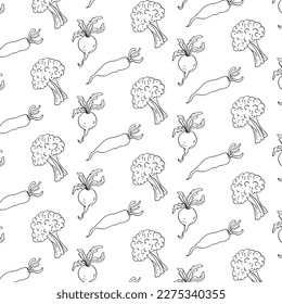 Black outline Seamless vegetable isolated in white background Vector Pattern Bright color Pattern suitable for posters, postcards, fabric or wrapping paper
