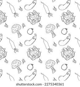 Black outline Seamless vegetable isolated in white background Vector Pattern Bright color Pattern suitable for posters, postcards, fabric or wrapping paper
