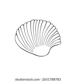 Ícone de concha de contorno preto. Clip-art, ilustração simples de concha marinha no estilo doodle. Criatura aquática no oceano. Adequado para design de verão, atividades infantis ou materiais educacionais