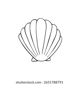 Ícone de concha de contorno preto. Clip-art, ilustração simples de concha marinha no estilo doodle. Criatura aquática no oceano. Adequado para design de verão, atividades infantis ou materiais educacionais
