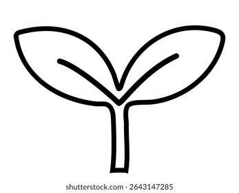 Black outline of seedling sprout isolated on white background, graphic illustration. concept of plant, growth, nature, botany, young leaf, eco-friendly design element.