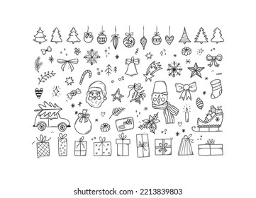 Esbozo negro de doodle de Navidad. Colección de Año Nuevo Hand Drawn. Elementos de doodle de diseño invernal en estilo de arte lineal. Ilustración vectorial aislada en fondo blanco.