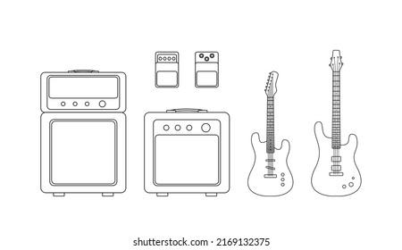 Black outline set of electric and bass guitar, amplifyer and guitar pedals isolated on white background. Vector illustration