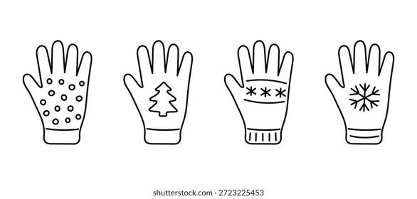 Conjunto de guantes de contorno negro con símbolos de invierno como copo de nieve y árbol de Navidad. Colección de guante acogedora de estilo Doodle para protección contra el Clima frío o diseño de vacaciones de invierno. Ilustración vectorial
