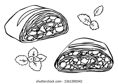 black outline set leaf mint and slices Viennese apple strudel isolated on white background