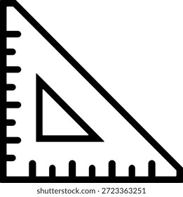 Se representa un contorno negro de una Regla cuadrada sobre un fondo blanco liso. La Regla presenta claras marcas de medida a lo largo de sus bordes rectos y una forma triangular dentro de su Grande forma. Las líneas son gruesas y audaces, creando una representación gráfica y minimalista de la herramienta.