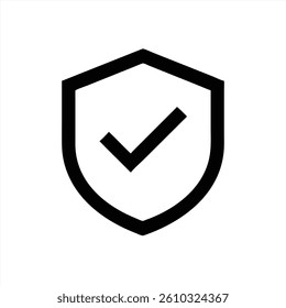 A black outline of a shield is displayed prominently, featuring a bold check mark at its center. This vector design symbolizes security and trustworthiness in a minimalistic style.