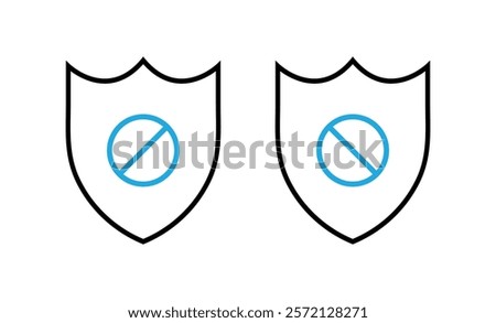 A black outline shield graphic with a blue prohibition symbol inside.