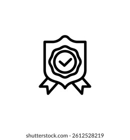 Black outline of a shield icon with check mark signifying success and approval, ready for graphic design or web use.