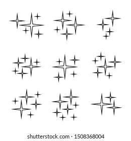 Black outline shining star minimal vector icons set isolated on white background. Stars sparkles, bright firework, decoration twinkle, shiny flash.