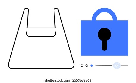 A black outline of a shopping bag beside a blue lock on a white background. Ideal for e-commerce, security, online shopping, digital privacy, and retail protection themes. Simple, modern, clean style