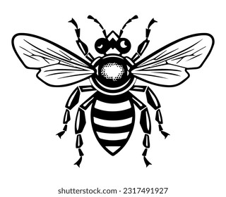 Black outline silhouette of bee vector art. Insect mascot icon illustration.