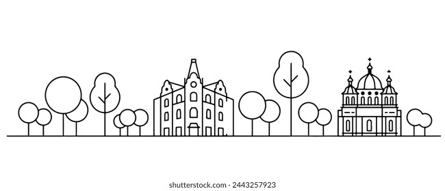 Black outline of the silhouette of city buildings on white background, vector image