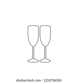Black outline silhouette of couple champagne or wine glasses on white background. Cheers icon. Fragile or packaging glass symbol, sign, clipart. Monochrome vector illustration of two champaign glasses
