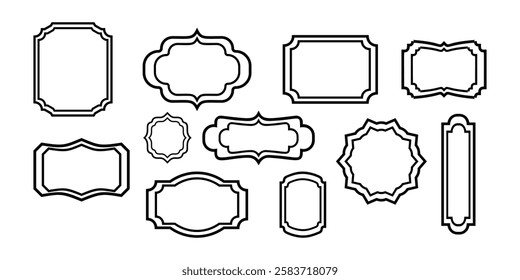 Black outline silhouette Label shapes collection. Empty Wavy Scallop edge Geometric shape set. Abstract Starburst ellipse Frame icon Text Box. Simple Blank Tag Stamp mark Badge. Element for design