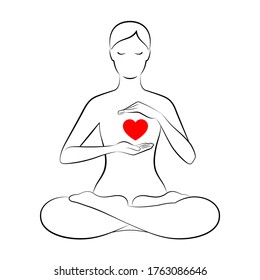 Black outline silhouette of slender woman sitting in lotus position and holding hands near her red heart, isolated over white background. Concept of harmony and tranquility in heart and thoughts