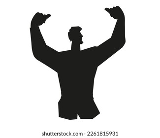 Black outline silhouette of strong man or fighter demonstrates muscular strength and super power, vector illustration isolated on white background. Brave and purposeful man silhouette.