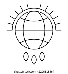 Black outline simple icon of the globe with feathers and sunbeams or indigenous native symbol. Contour vector symbol isolated on transparent background. Thin lines. Line thickness editable