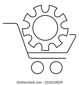 Black outline simple icon of ordering API technologies, programs or shopping cart with a gear inside. Contour vector symbol isolated on transparent background. Thin lines. Line thickness editable