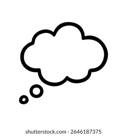 Black outline of a simple thought cloud with connected bubbles trailing down. White fill inside. Hand drawn line art design for graphic design