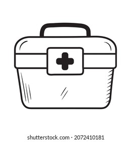 Black outline sketch of first aid kit. Doodle illustration of emergency chest with medical equipment. Vector icon of assistance container