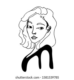 Black outline sketch woman portrait. Vector hand drawn illustration isolated on white. For print, decor, card, design.