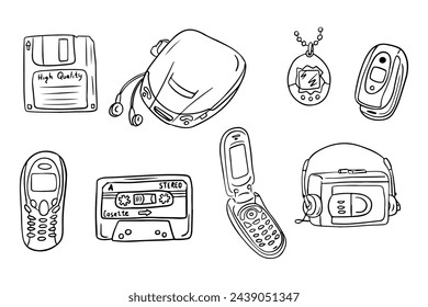 Black outline sketchy drawings of retro items from 90s. Vector hand drawn outline sketchy drawings isolated on white background. Retro concept. Ideal for coloring pages, tattoo, pattern