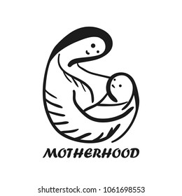 Black outline sketchy mother and child symbol. Doodle illustration of mom and baby, symbol of motherhood, breastfeeding, family
