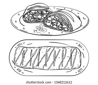 black outline slices and Viennese apple strudel isolated on plate on white background