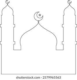 Black Outline Small Mosque with Crescent Star on Top of Dome