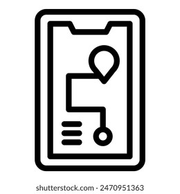 Black outline of a smartphone with map and location pin icon, depicting gps navigation