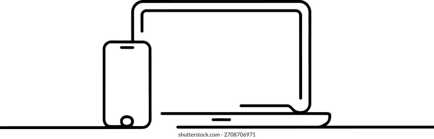 Esquema negro de un teléfono inteligente junto a una tecnología digital portátil abierta